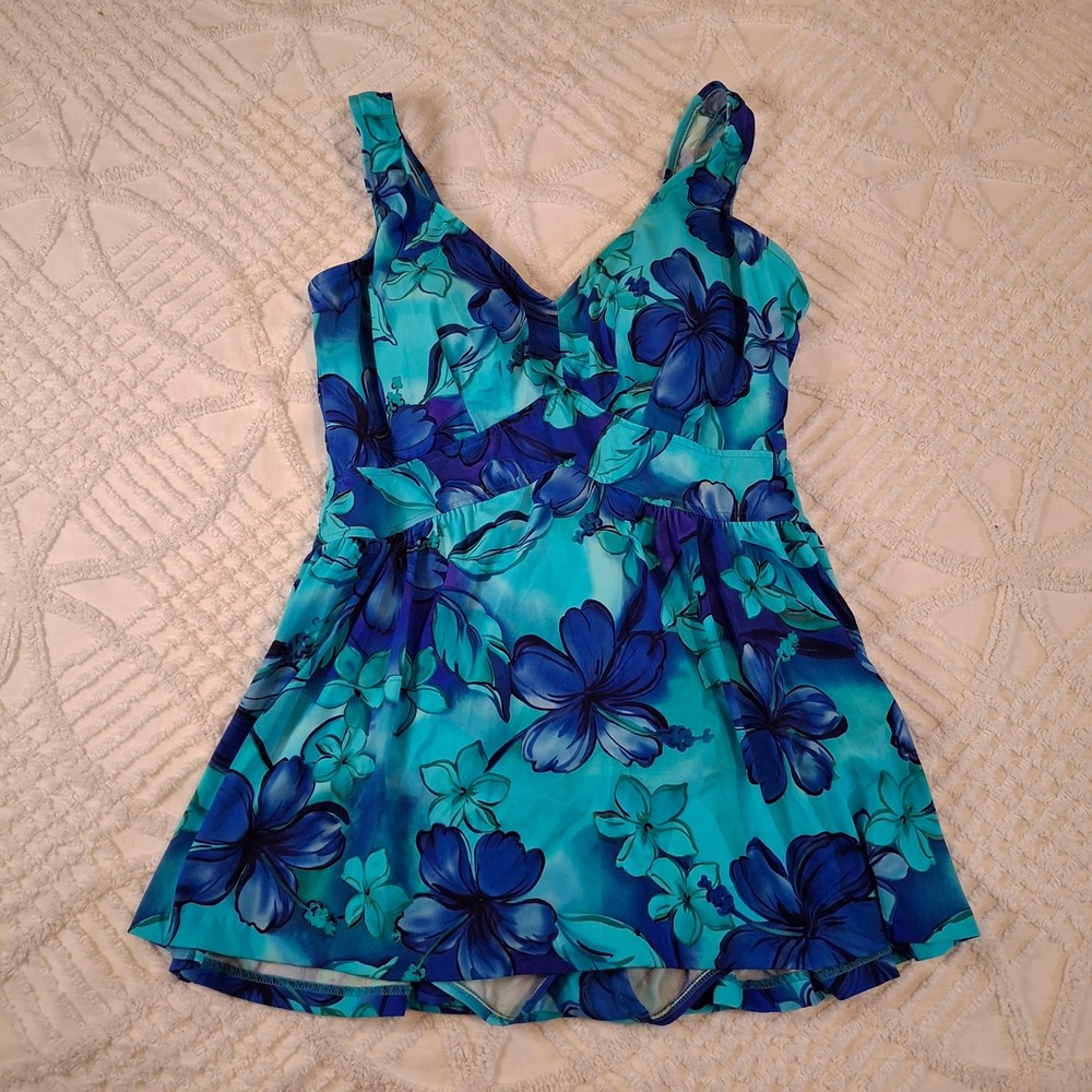 Le Cove Womens 18 Swim Dress Turquoise Blue Hibiscus Floral V-Neck One-Piece